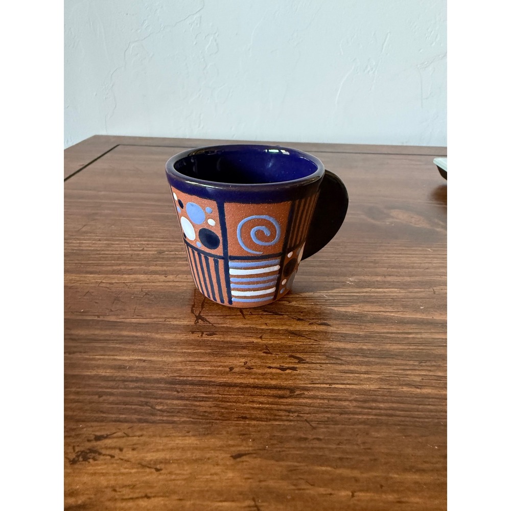 Melk Studio Pottery Espresso Cup Hand Painted Geometric Blue Terracotta Mug